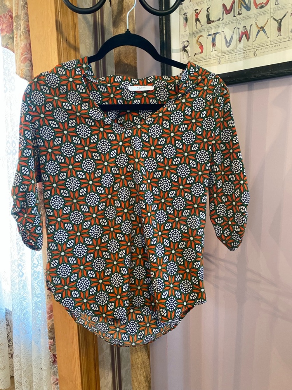 ezra Geometric Floral Blouse in Orange,Green, Blue,White, 3/4 sleeves,silky